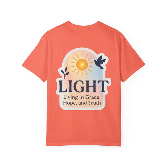 Inspirational Unisex Garment-Dyed T-Shirt - 'LIGHT' Design with Sun and Doves